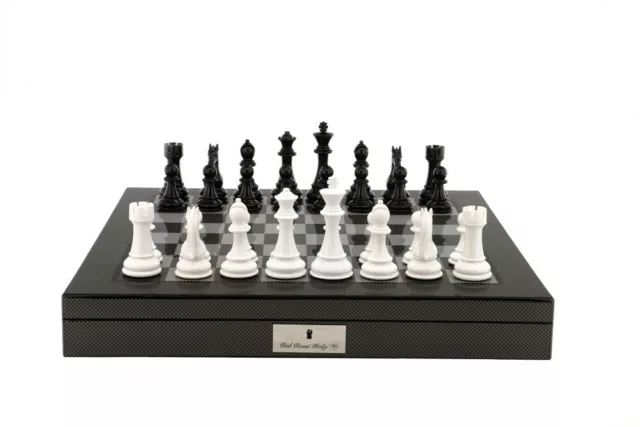 Dal Rossi Chess Set Black/White Finish w 50cm Carbon Fibre Finish Board/Box