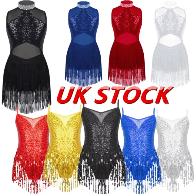 UK Girls Sequins Tassel Hem Latin Dance Dress Leotard Rumba Samba Jazz  Costumes