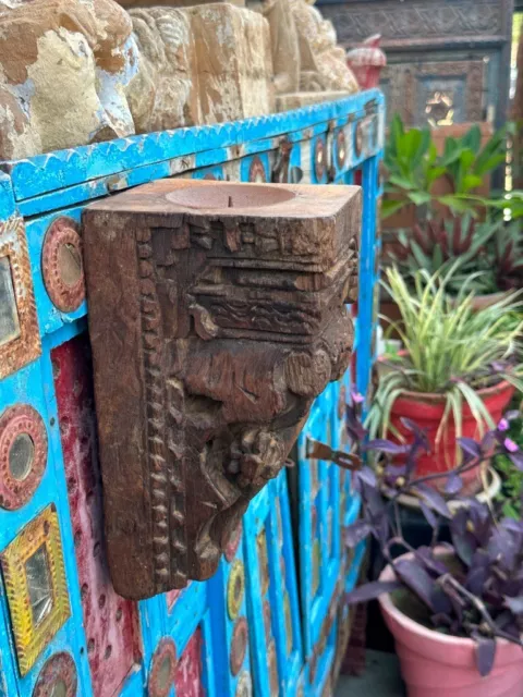 Ancient Old Wooden Hand Crafted Floral Carved  Wall Hanging Candle Stand