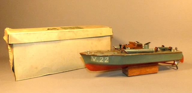 Jouet Ancien Bateau Vedette Militaire JRD V22 – Mécanique, Tôle, 33cm, 1948