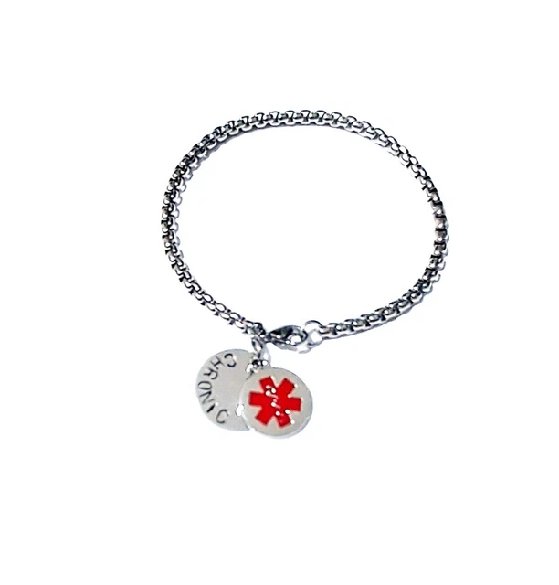 Pulsera de Alerta Médica Advertencia Caja de Acero Inoxidable Cadena y Disco DOLOR CRÓNICO