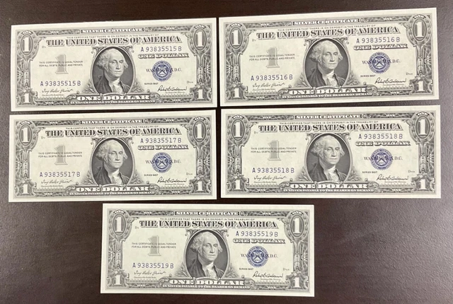 1957 $1 Silver Certificate 5 Consecutive #  FR 1619 Gem, uncirculated