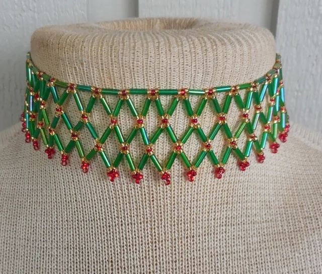 Netted Weave Beaded Rasta Choker Necklace Green Gold Red Adjustable Length Boho