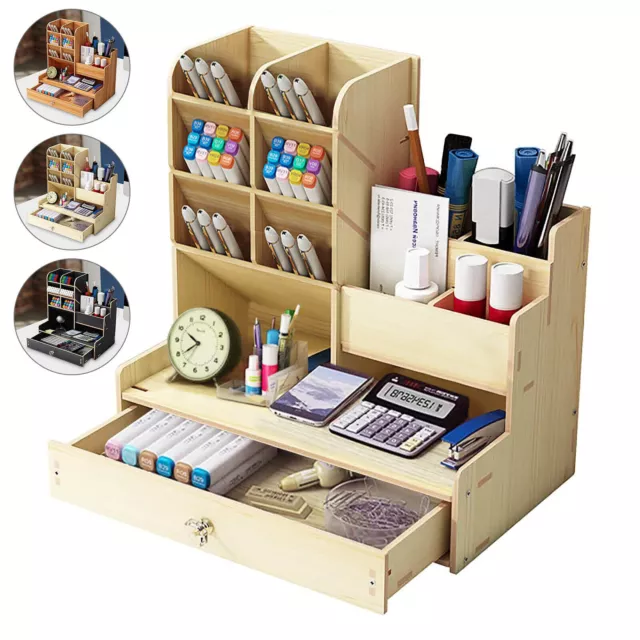 Office Study Desk Organizer Table Box Tidy Case Wooden Pen Pencil Storage Holder