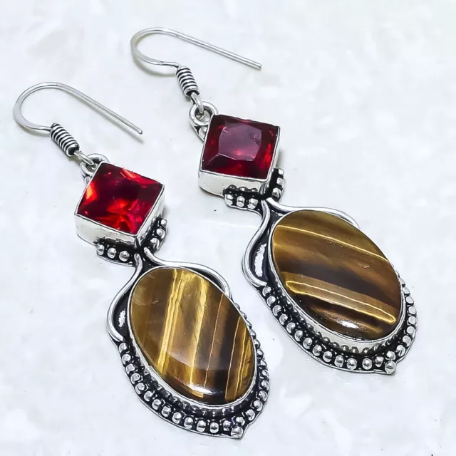 Tiger'S Eye, Garnet Gemstone Handmade Silver Jewelry Earring 2.5" ELG14403