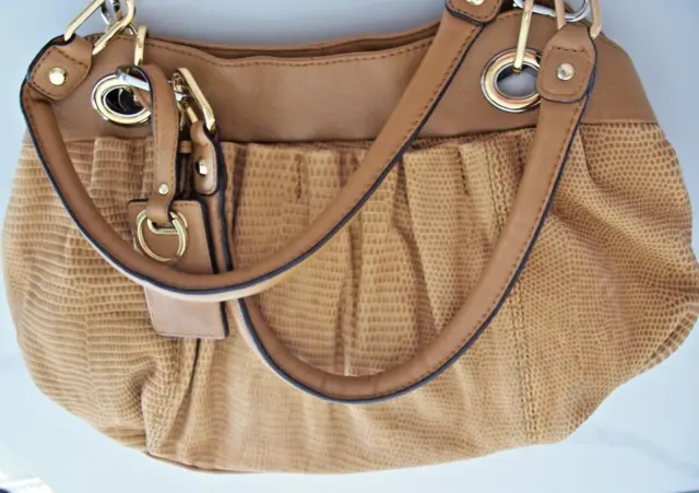 B Makowsky Embossed Leather Handbag Satchel Shoulder Bag Purse, British Tan
