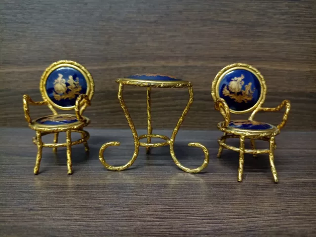 Limoges Cobalt Blue Dolls House/Miniature Table And Chairs