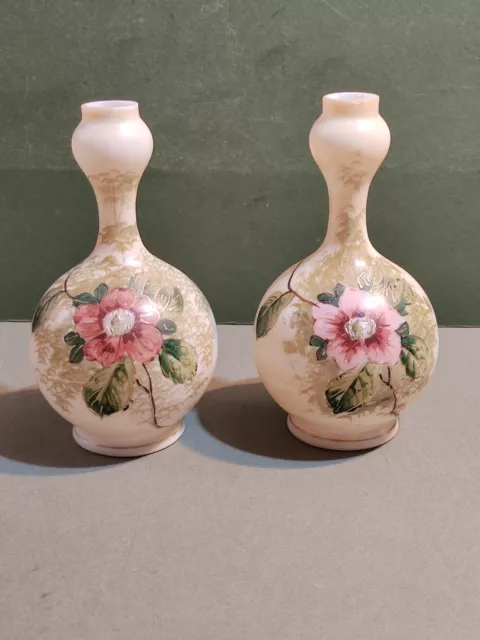 A Pair Of Vintage Hand painted milk glass? Long Neck stem  Vases Flowers