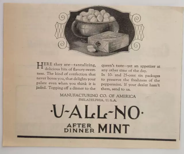 U-ALL-NO AFTER DINNER Mint 1923 Breath Freshener Original Print Ad ...
