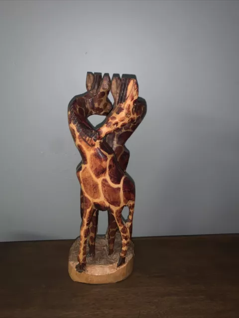 Carved Wooden 2 Giraffes Pair Entwined Twin Couple Giraffe Safari Statue Figures