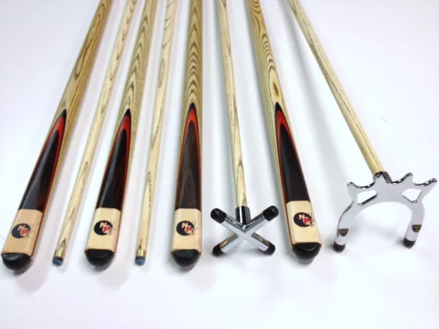 Full Ash WOODEN POOL SNOOKER BILLIARD CUE SET CHROME Cue Rest Spider 2x Cues