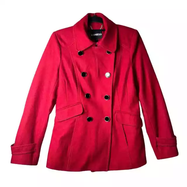 EXPRESS COAT WOMEN Small Red Petite Double Breasted Wool Pea Christmas ...