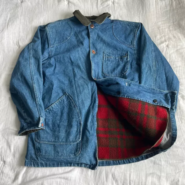 Vintage LL BEAN Men’s (XL-T)Blue Denim Chore Coat Blanket Wool Lined Barn Jacket