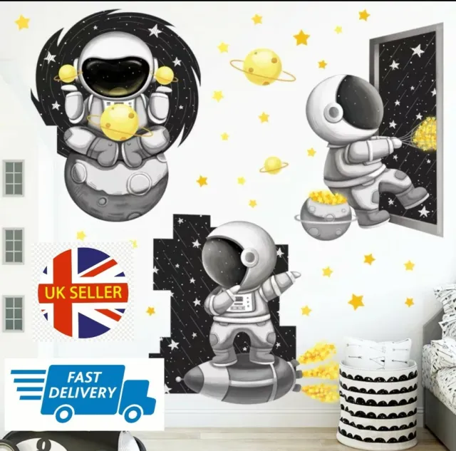 Adesivo da parete astronaut cartone animato spazio nero stelle oro camera ragazzi decalcomania bambini decorazione