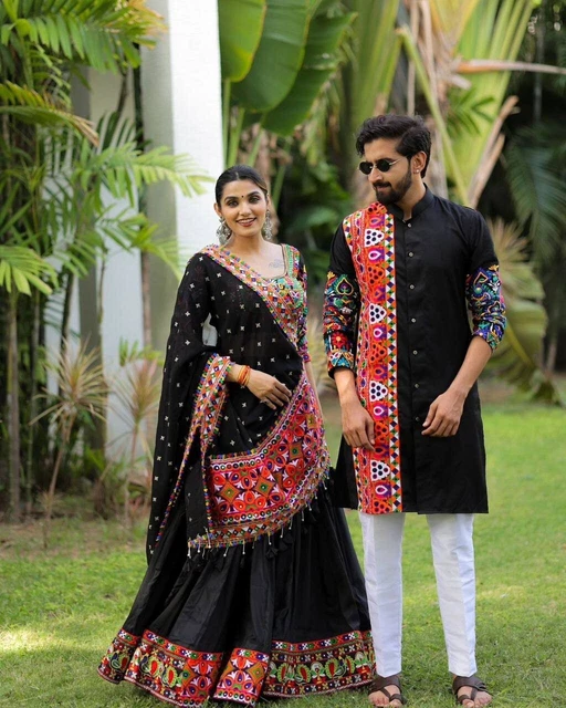 Pigiama Lehenga choli dupatta Kurta coppia Navratri Combo nero georgetta indiano