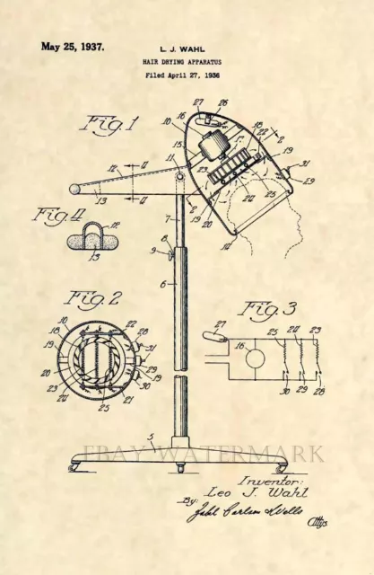 Official Hair Dryer US Patent Art Print- Vintage Stylist Wahl Antique Salon 145