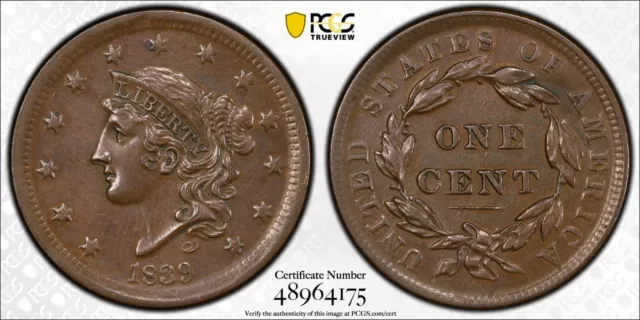 PCGS AU 1839 Braided Hair Large Cent early copper no attribution Rare Variety?