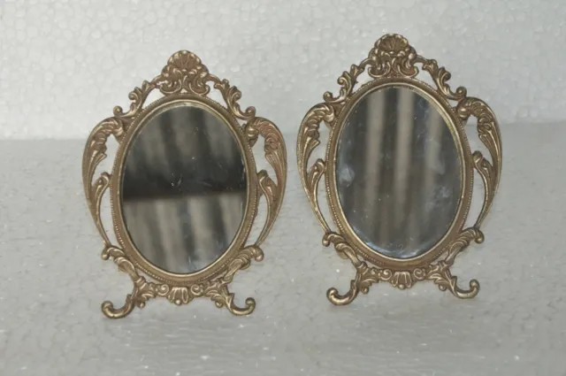 2 Pc Old Brass Fine Oval Shape Cut Work Engraved Handcrafted Vanity Mirror