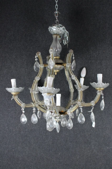 Antico Lampadario Stile Maria Teresa Gocce Di Cristallo Meta' Xx Sec  6 Luci.