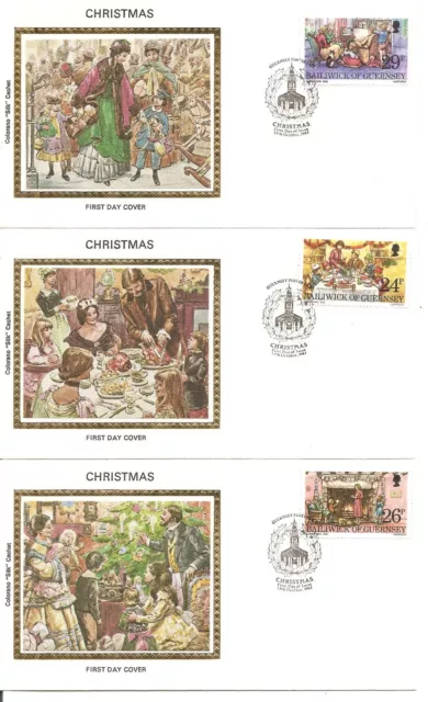 Guernsey SC # 250-254 Christmas 1982 FDC. 5 Covers Set. Colorano silk Cachet.