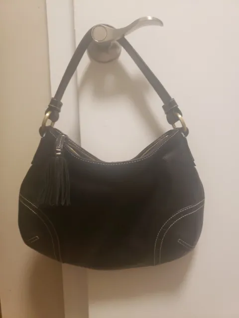 TALBOTS Purse Black Pebbled Leather Tassel Accent Zippered Handbag Shoulder Bag