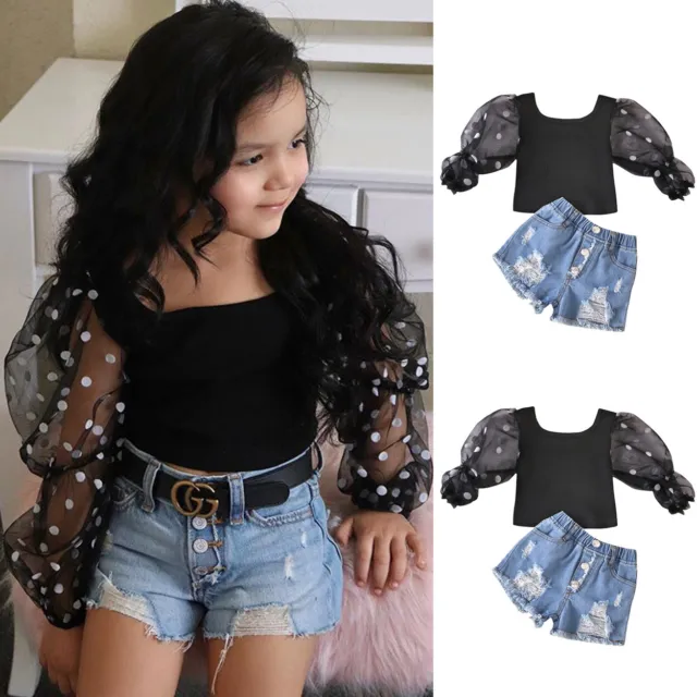Toddler Infant Baby Girls Clothes Mesh Long Sleeve Tops Denim Shorts Outfits