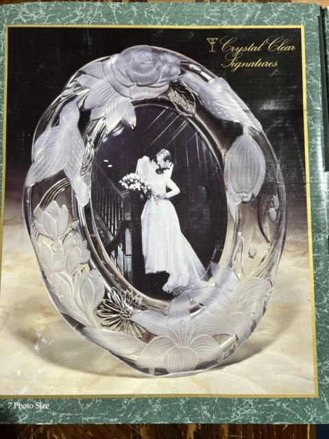 Crystal Wedding Picture Frame Frosted Etched Birds Flowers Clear Oval 5x7