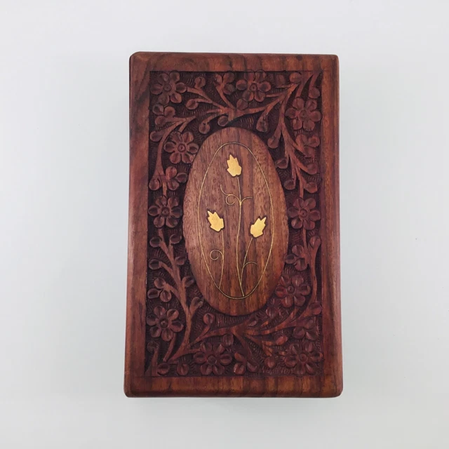 Vintage Hand Carved Rosewood Ornate Box Brass Inlay Flower Hinged Lid 8x5