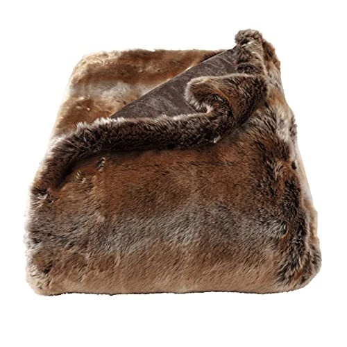 Premium Zobel Marten Sable Fur Throw Blanket with Faux Mink Back Amber Brown