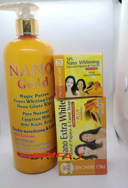 Nano pozione magica sbiancante lozione corpo gluta & acido kojic crema viso + sapone.