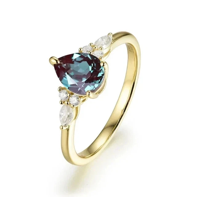 Bague De Mariage/fiançailles Femme - Alexandrite Naturelle 3.65 Carats Poire - Or Jaune 14k - Taille 7
