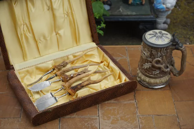 2 x Anlegebesteck Hirschhorn Gabel Messer + Bierkrug f. Jäger Waidmann Antik