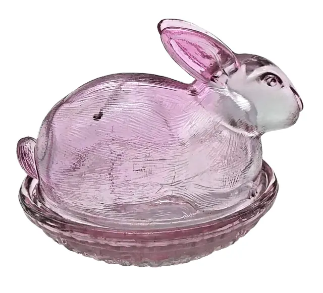 Vintage LE Smith Clear Pink Bunny Rabbit Basket Nest Covered Glass Trinket Dish