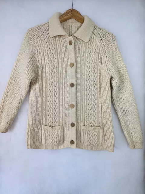 Vintage Hand Knit Aran Cable Cardigan Size 14 Cream