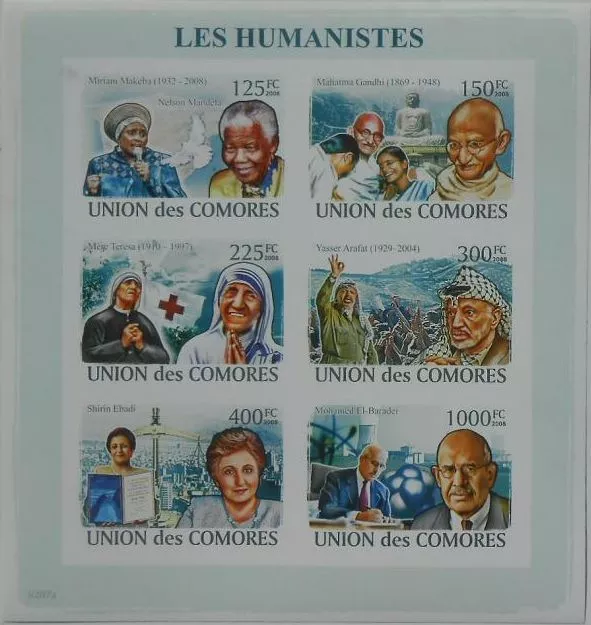 Humanists Mandela Gandhi Mother Teresa Arafat Comores m/s Sc.1045 CM8207a IMPERF