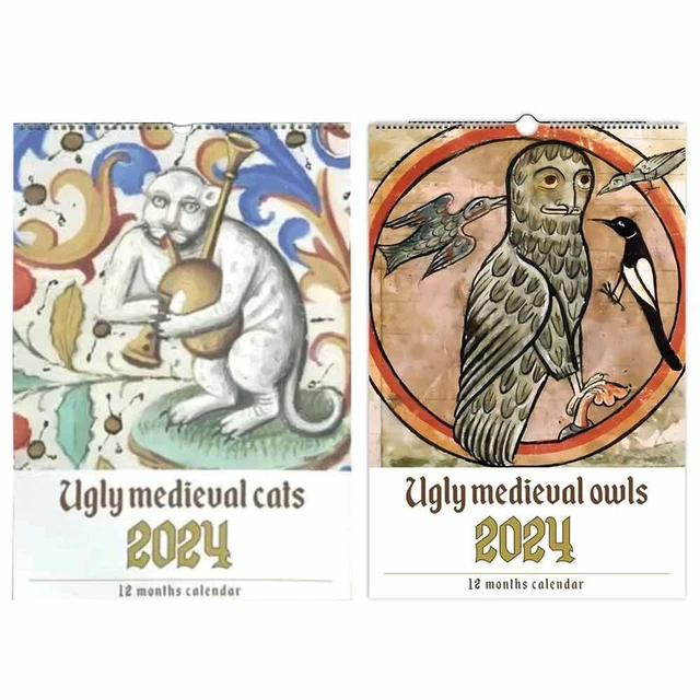 WEIRD MEDIEVAL OWL Calendar 2024 Funny Owl /Ugly Medieval Cats Wall