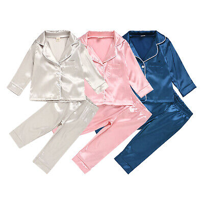 Kids Baby Boys Girls Silk Satin Pyjamas Long Sleeve Sleepwear Nightwear PJS Set