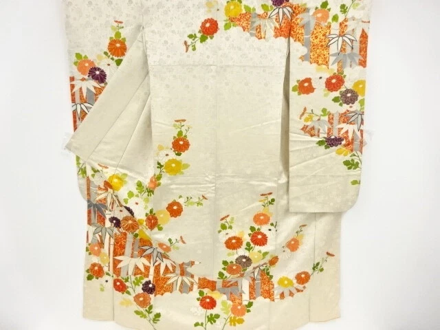 04736# JAPANESE KIMONO / ANTIQUE FURISODE / KIN-TOSHI / EMBROIDERY / BAMBOO &amp