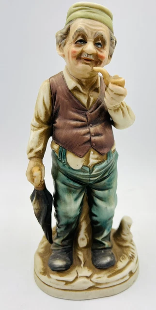 Vintage Figurine Old Man Grandpa Pipe Umbrella Stump Porcelain Bisque 8"H Japan