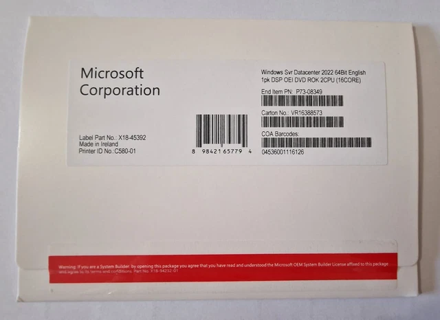 MICROSOFT WINDOWS SERVER 2022 Datacenter 16 Core DVD £59.99 - PicClick UK
