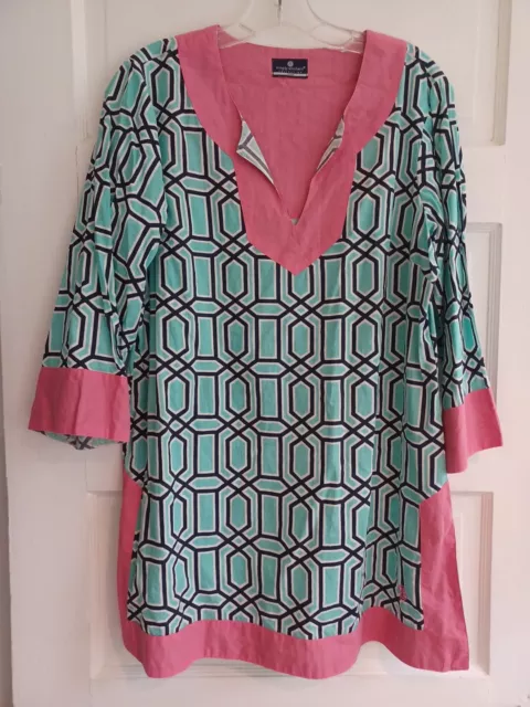 Simply Southern womens tunic top L turquoise pink geo print split hem  coverup