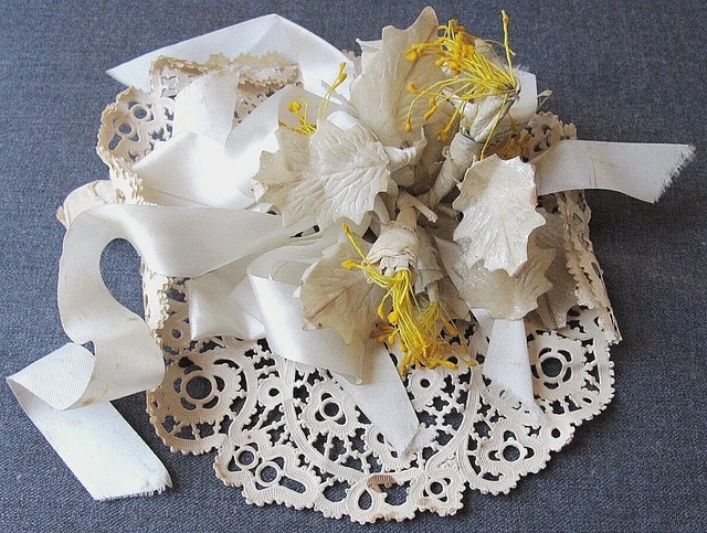 Vintage Hand Made Paper & Fabric Ribbons Flowers Leaves Bride Communion Bouquet