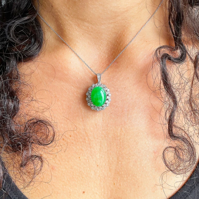 14K White Gold Oval Cut Jade and Diamond Pendent Halo Deco Bridal Wedding 8.70ct