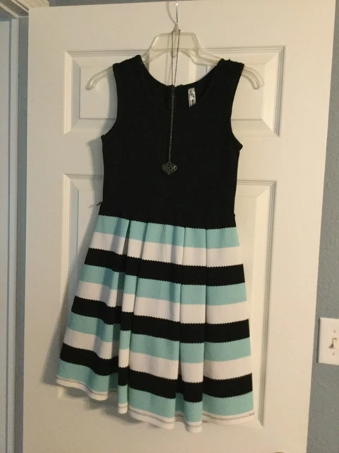 Girls Dress Size 14 by Knit Works Solid Black Top Green White Solid Striped Skir