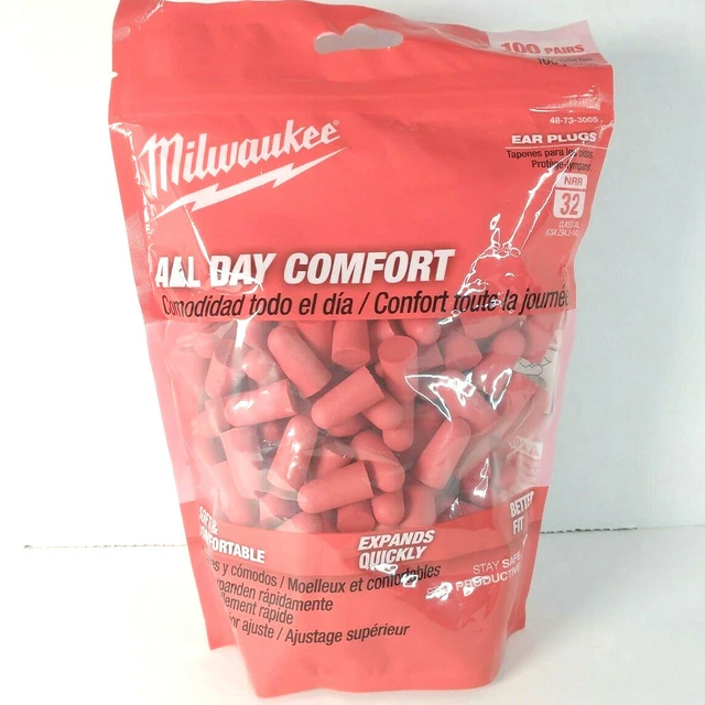 Paquete de 100 pares de tapones para los oídos Milwaukee todo el día comodidad mejor ajuste NRR 32 clase AL