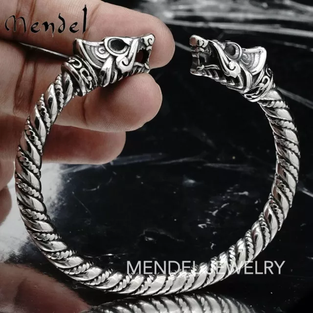 MENDEL Mens Norse Viking Arm Ring Fenrir Wolf Head Cuff Bangle Bracelet For Men