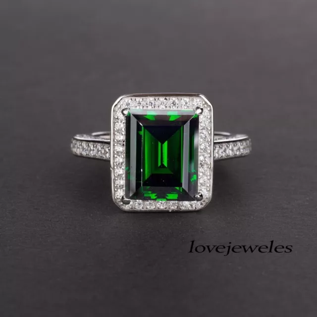 2.50CT Emerald Cut Real Green Emerald Engagement Halo Ring 14K White Gold Finish