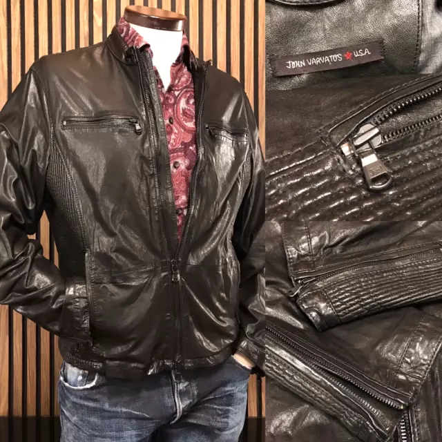 John Varvatos USA 100% Lambskin Leather Jacket L Black Moto Bike Ribbed Zip Cuff