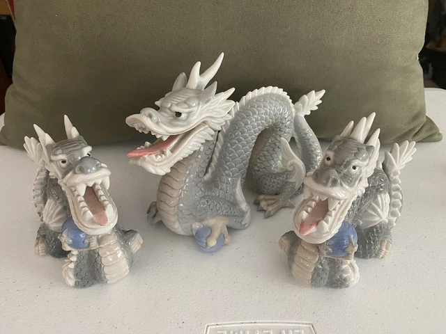 Vintage Yoshimi K Porcelain Dragon Figurine lot of 3 Gray White Sphere Japan