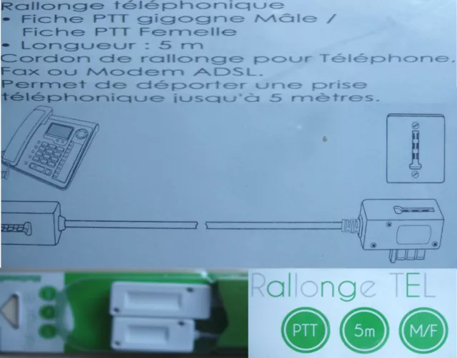 Rallonge TEL fiche PTT gigogne Mâle/Femelle 5 mètres pour Tél. Fax ou Modem ADSL